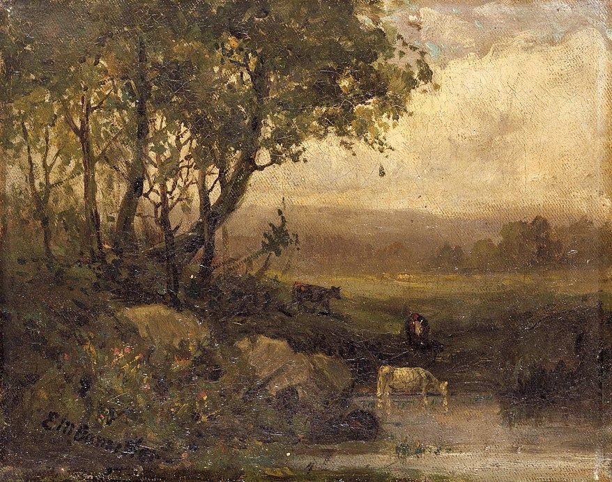 Edward Mitchell Bannister landscape, riverbank, three cows